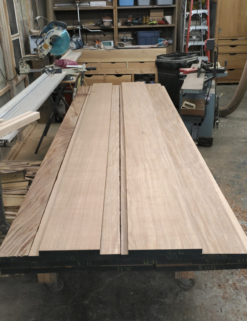 Pile of mahogany after we planed it. Ready to start the custom doors project.