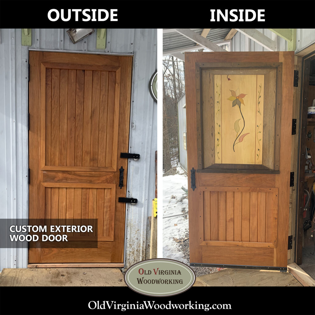 Custom exterior wood shop door, cherry wood