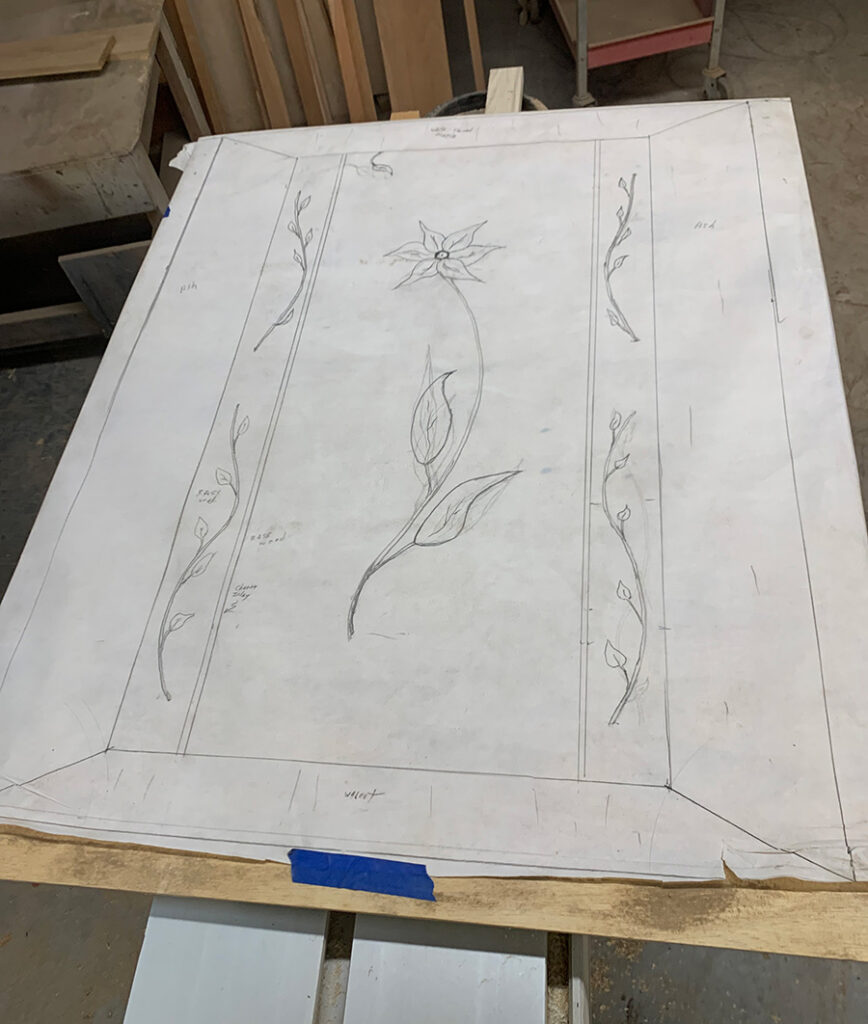Custom wood door, art panel drawing
