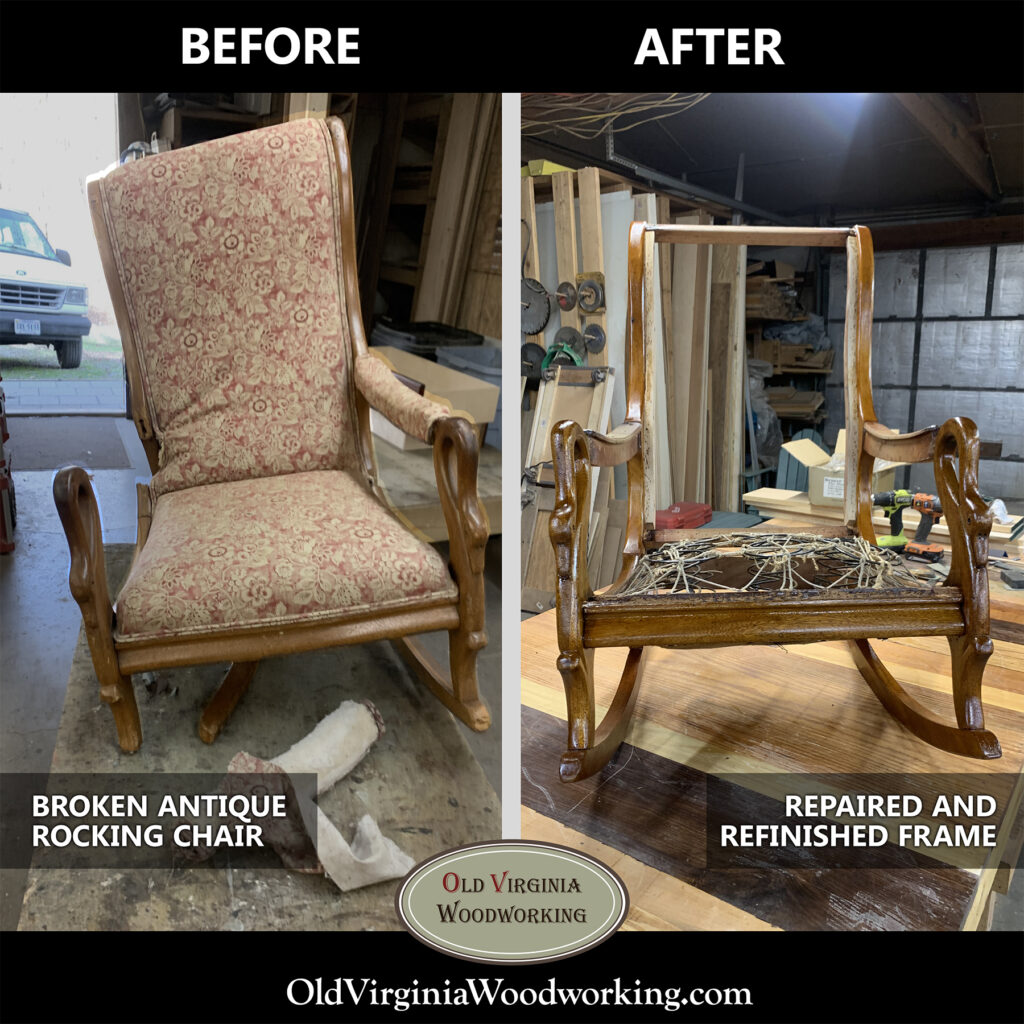 Before and After of a rebuild and refinish project on an antique rocking chair