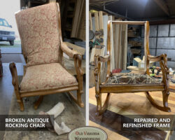 Before and After of a rebuild and refinish project on an antique rocking chair