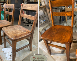 Before and after of four broken hardwood chairs repaired and refinished at Old Virginia Woodworking